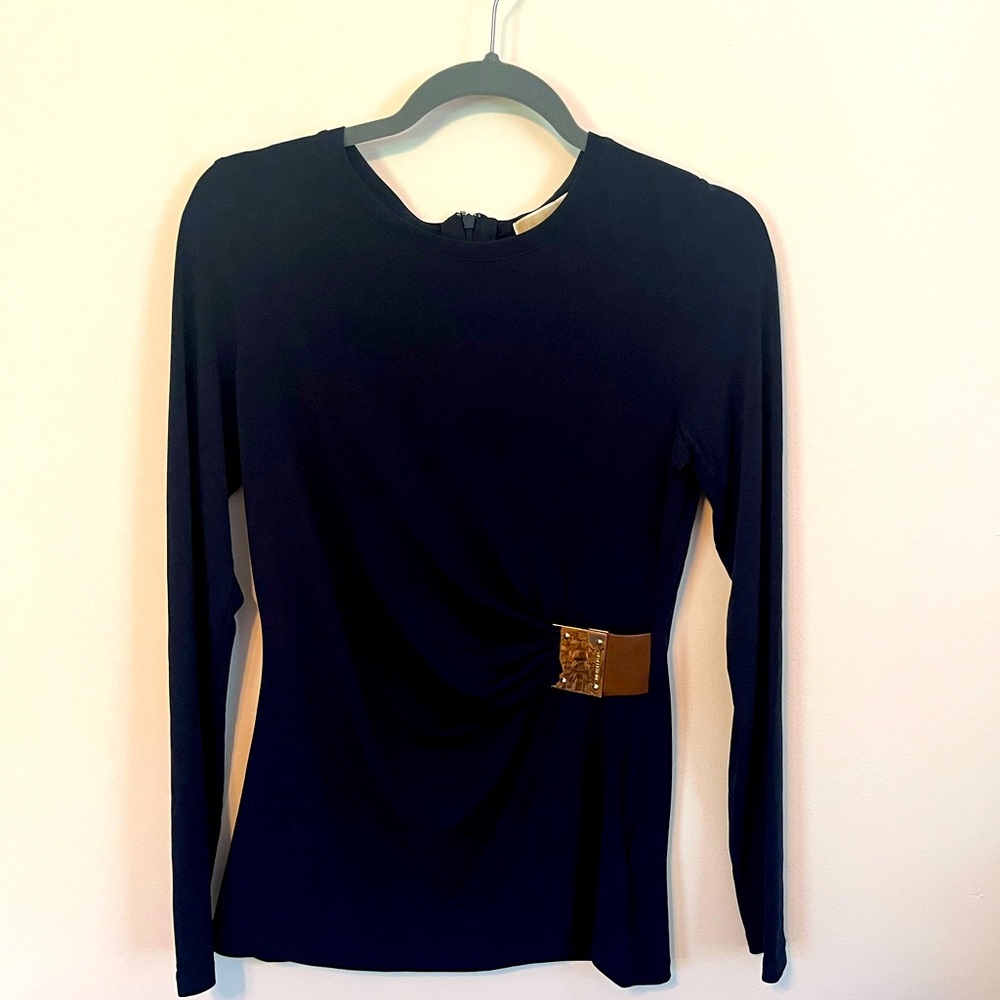 Navy gold & leather accent Michael Kors blouse size M